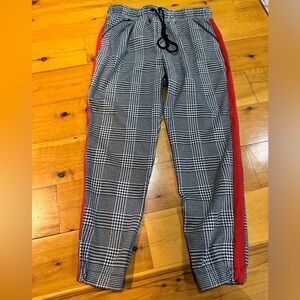 David Lerner Black and White Houndstooth Joggers with Red Stripes